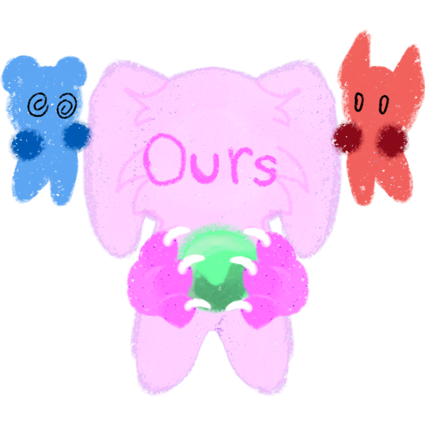 A light pink figure with floppy ears stands in the middle with a red headmate on the right and a blue headmate on the left, written on its face is "Ours", they are holding a green ball with both paws.